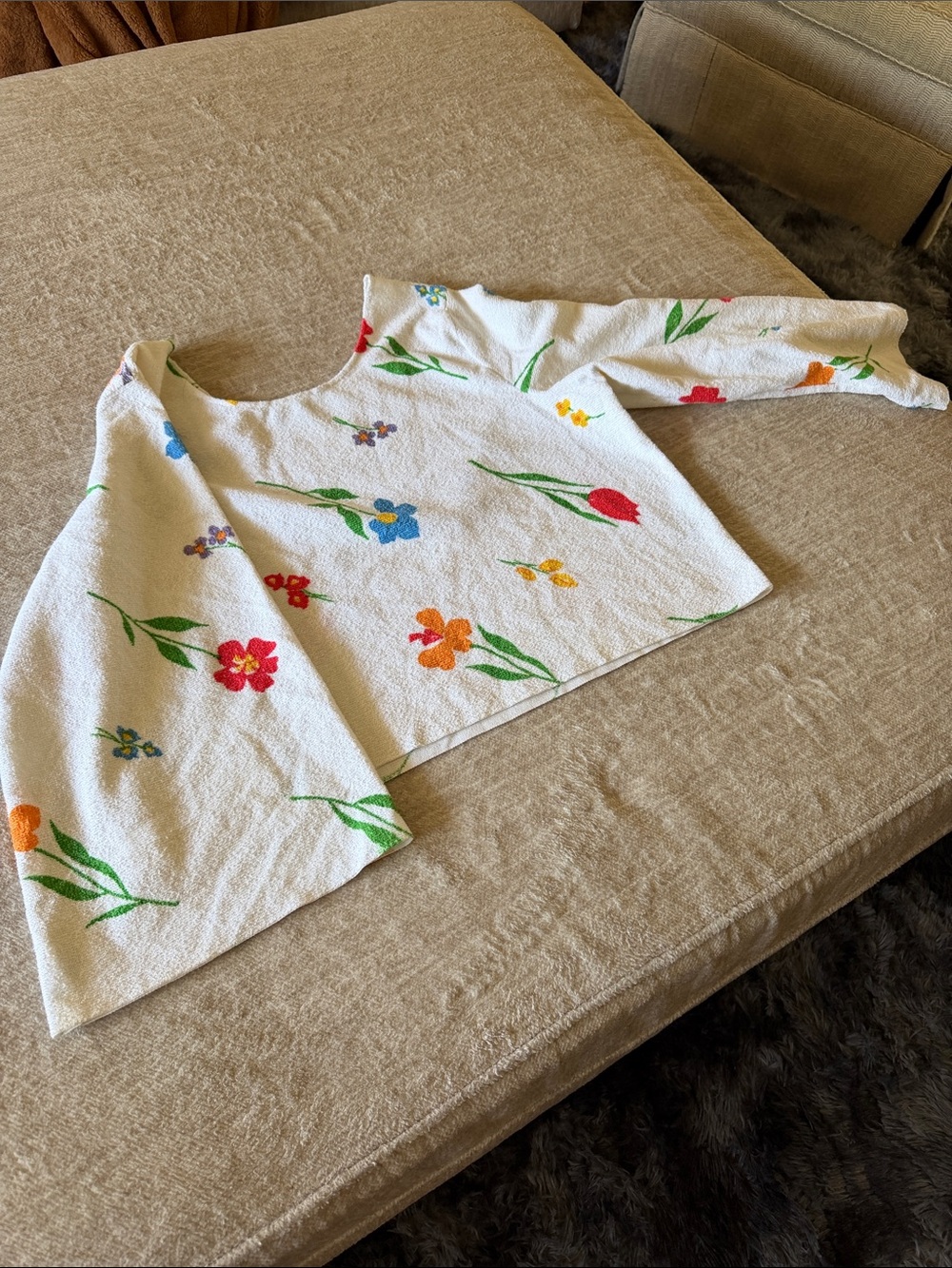 Cream Floral Embroidered Long-Sleeve Crop Top